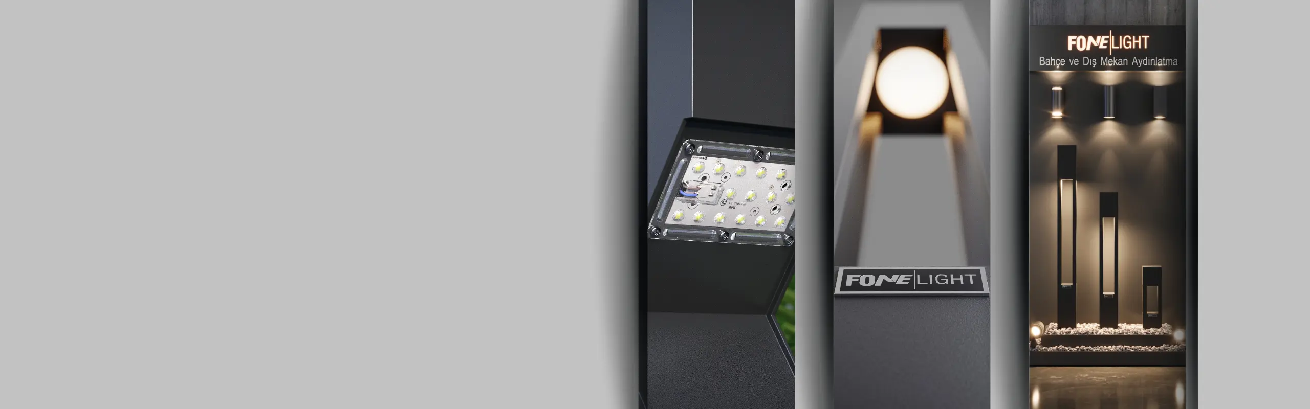 A close-up of a Fonelight LED module, an illuminated bollard light, and an in-store display of Fonelight outdoor fixtures