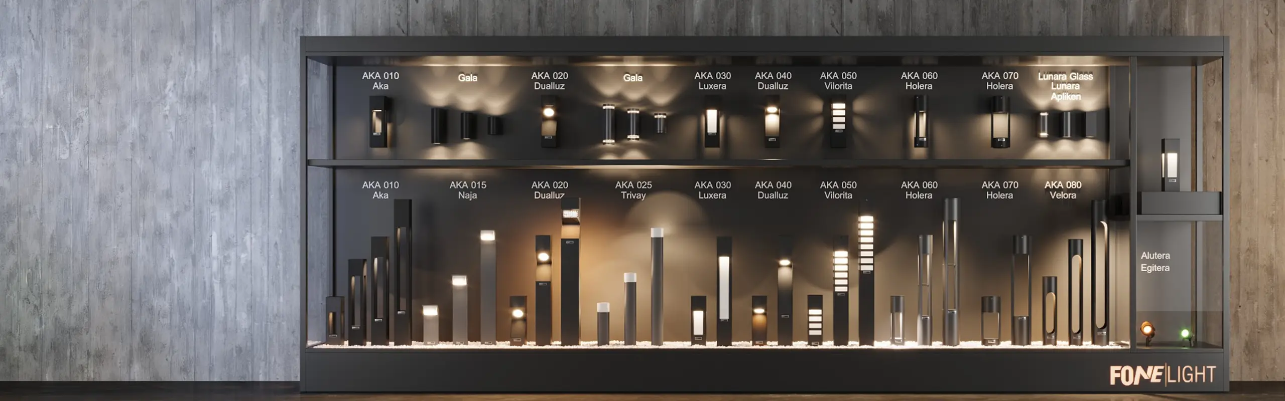 A row of Fonelight outdoor fixtures in use: spotlights, bollards, and pole lights lighting gardens, paths, and facades