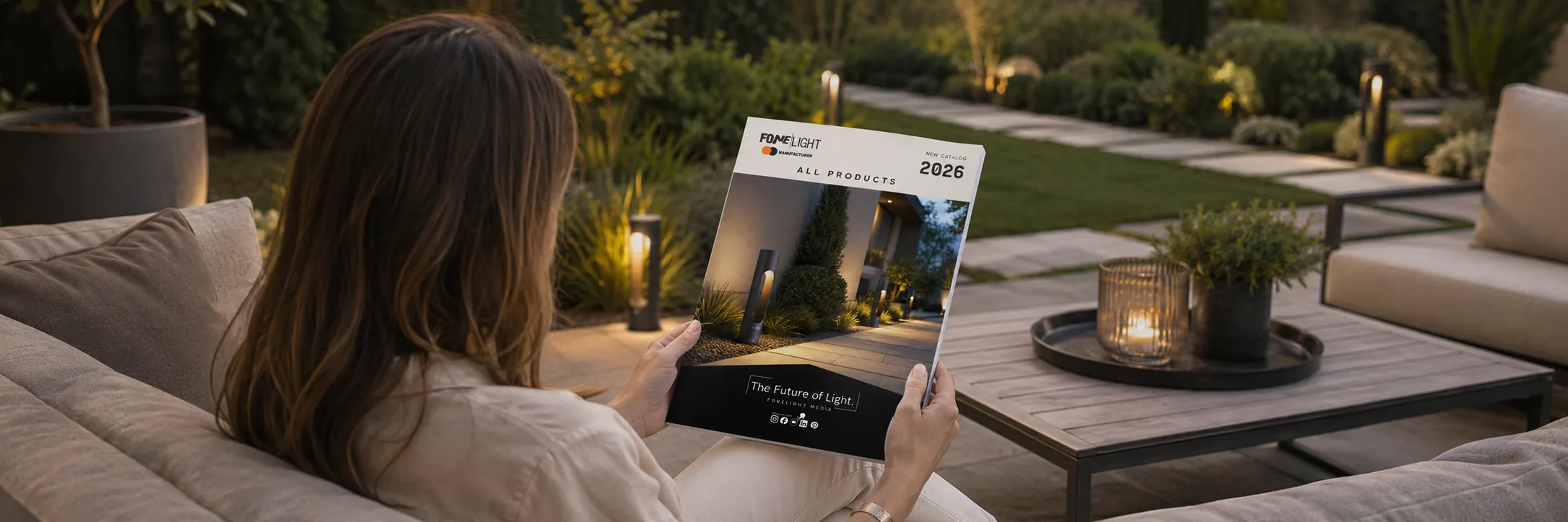 A woman reading the printed Fonelight 2026 All Products catalog on a patio lit by bollard lights at dusk