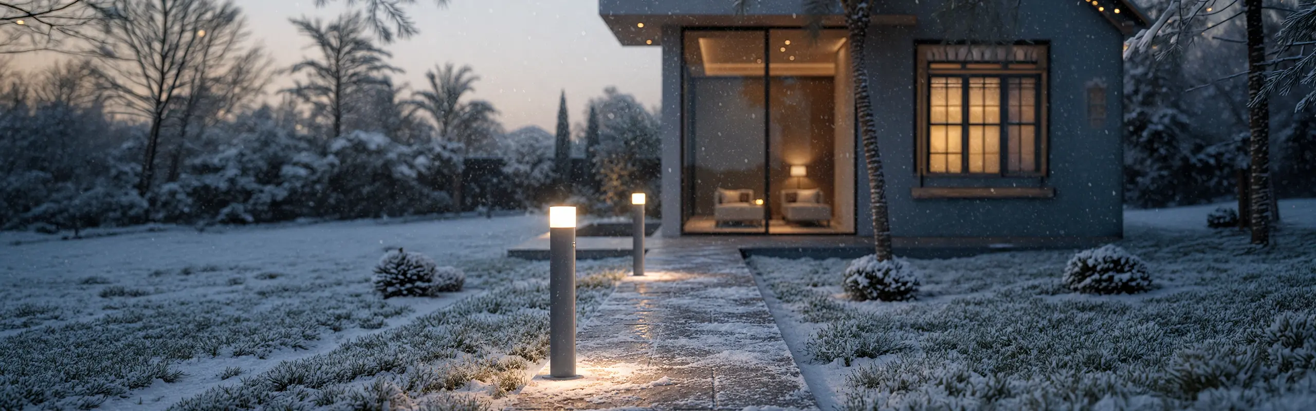 A modern home's entrance path lit by Fonelight bollard lights on a snowy evening