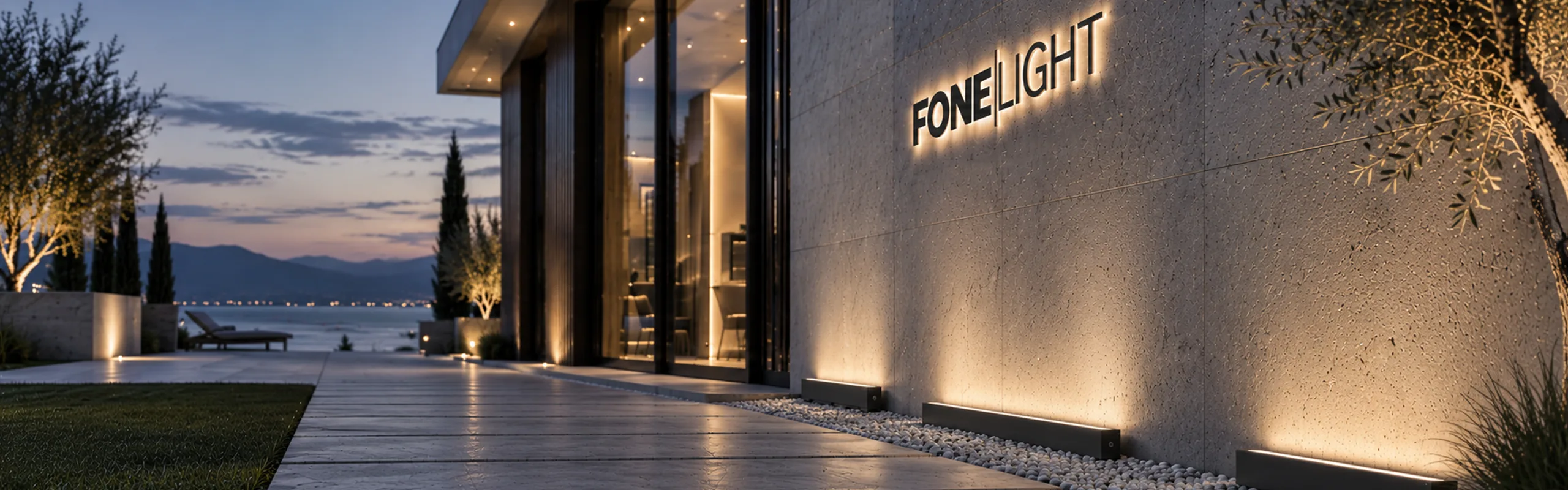 A diamond-shaped collage of Fonelight outdoor fixtures lighting terraces, gardens, and a seaside promenade