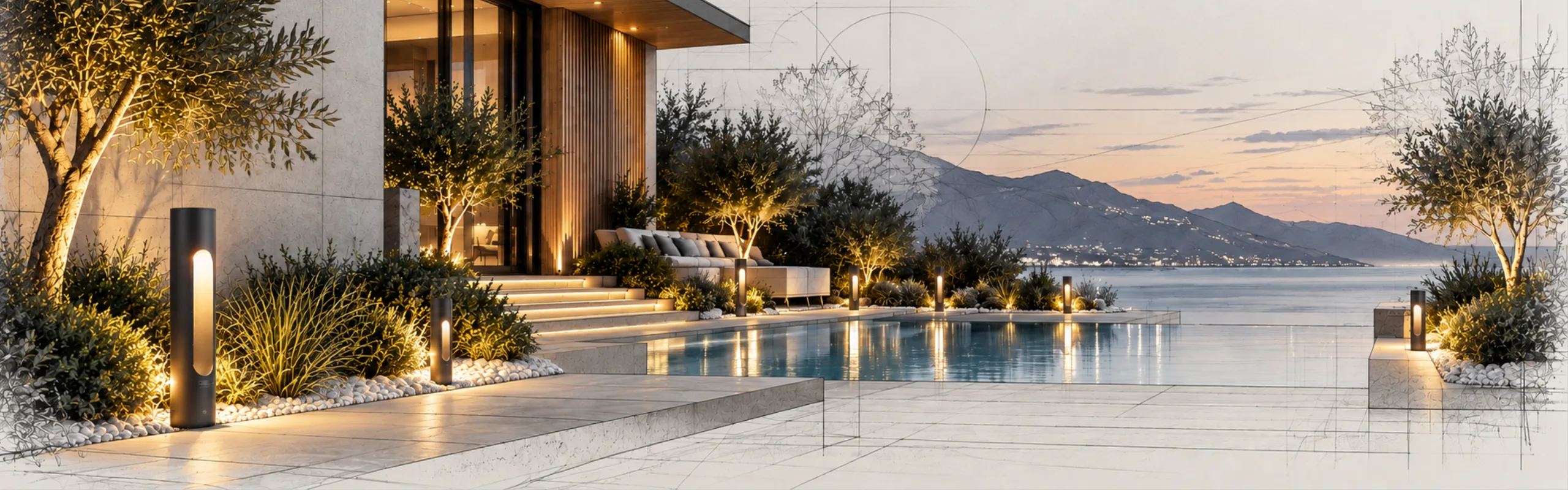 A poolside villa terrace lit by Fonelight bollard lights at dusk, rendered half as an architectural design sketch