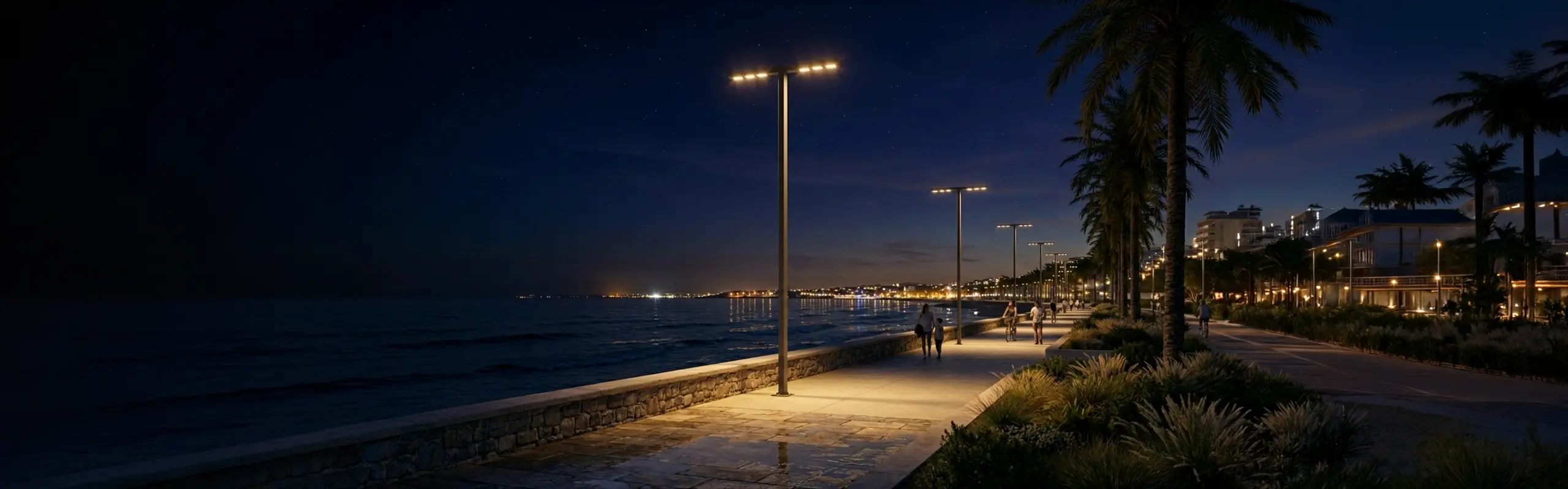 Tall Fonelight pole lights illuminating a palm-lined beachfront promenade at night
