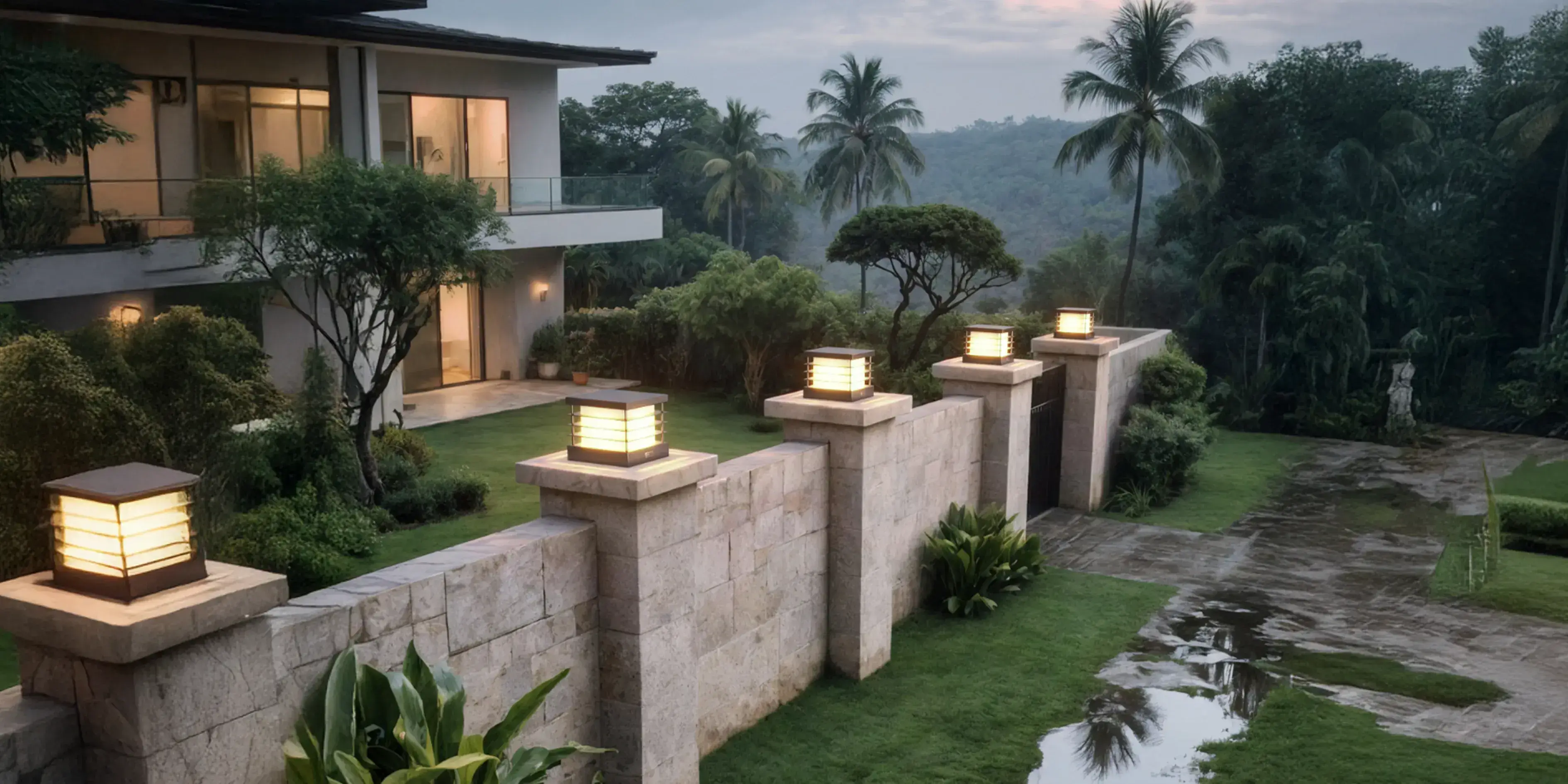 Fonelight Postila pillar lights topping a stone garden wall at dusk