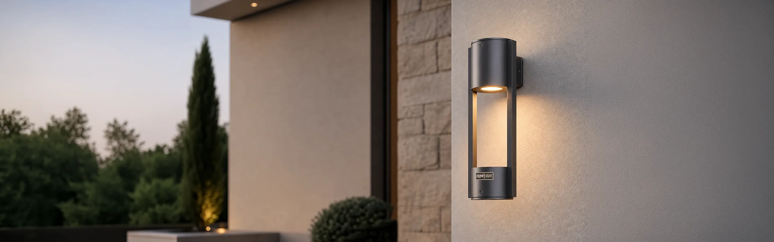 Close-up of a Fonelight Vilorita wall sconce mounted on a building facade