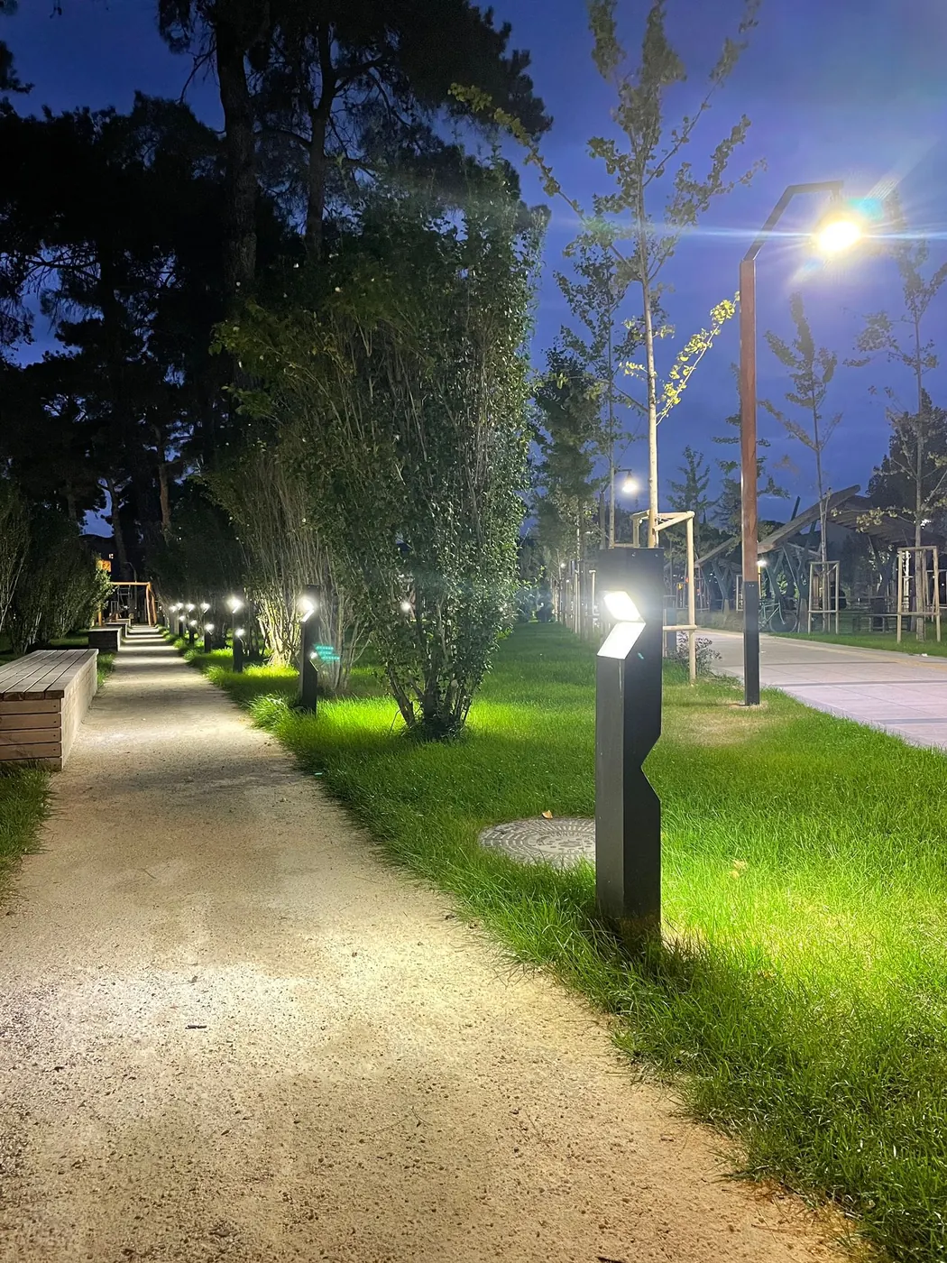 Bollard lights along a lit walking path through a residential site at night
