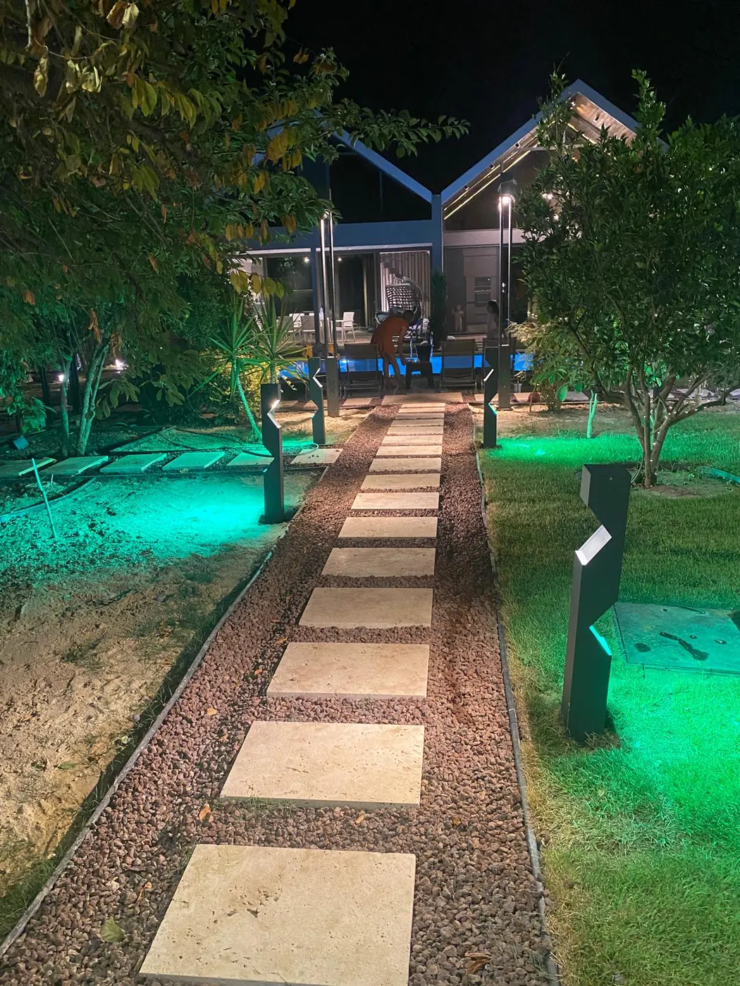 Color-changing bollard lights lining a stone path through a private garden at night